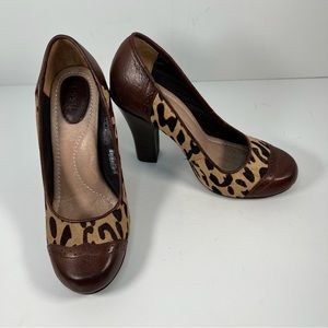Fossil Sahara Brown Animal Print Calf Hair Cap Toe Heels Shoes Size 6.5